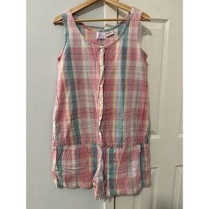 Vintage 90's Take Nine Maternity Romper Sz S Pastel Plaid Drop Waist Button‎ Up